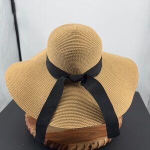 Furtalk wide-brimmed sun hat straw black tie band sz M beach swim summer